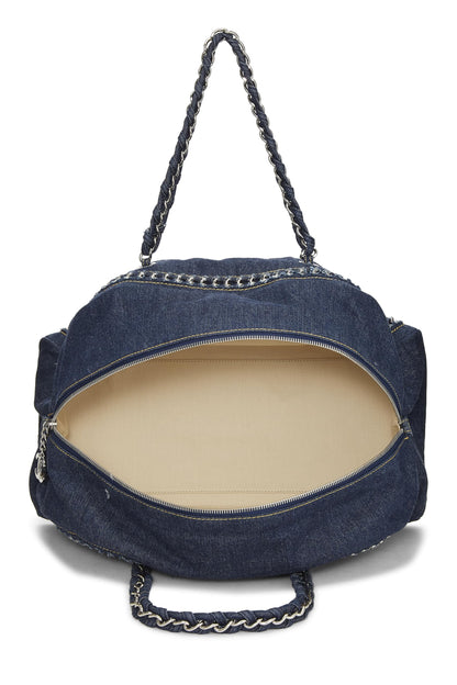 Chanel, sac bowler Luxe Ligne Large en denim bleu d'occasion, bleu