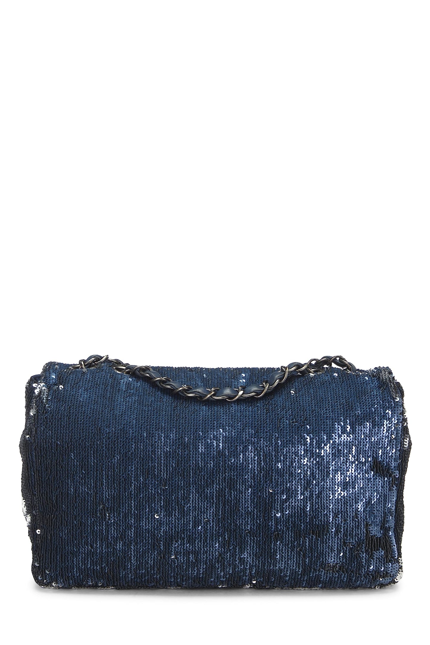 Chanel, sac à rabat classique à sequins bleu marine Paris-Cuba, taille moyenne, d'occasion, bleu marine