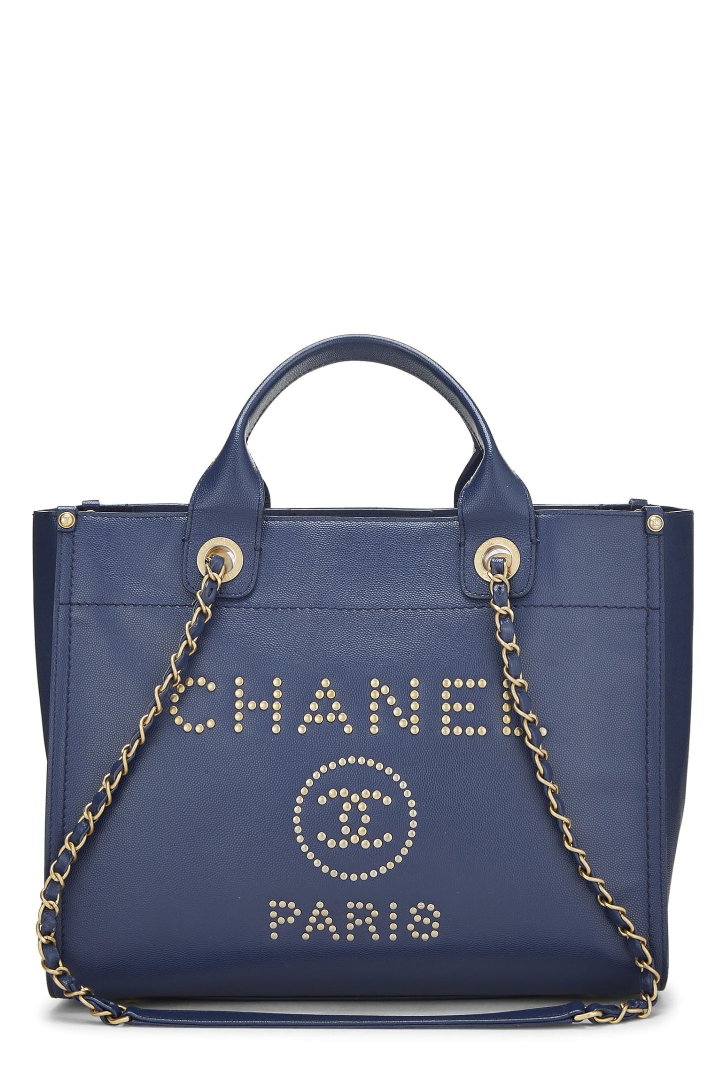 Chanel, sac cabas Deauville clouté bleu caviar de taille moyenne, d'occasion