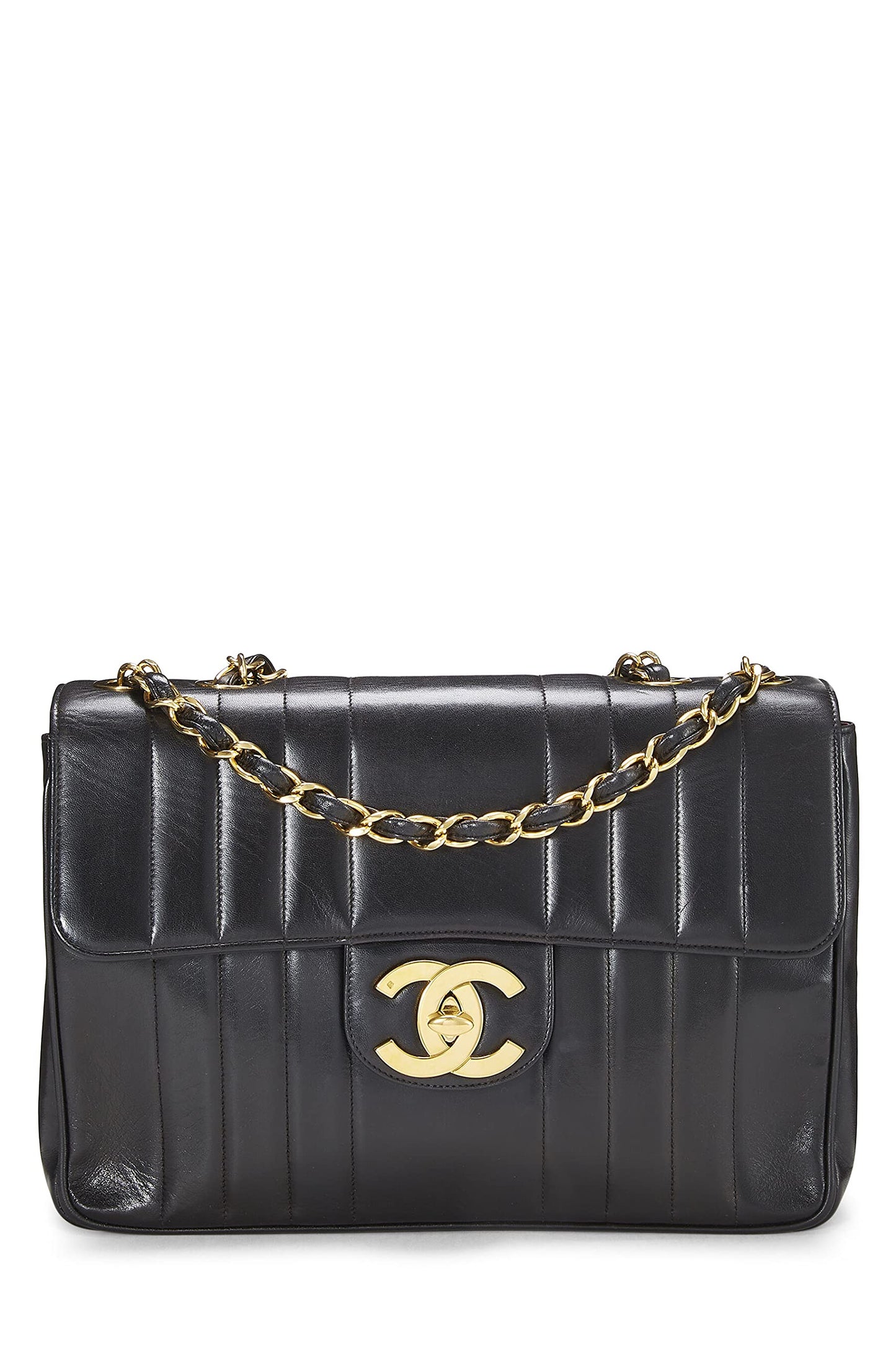 Chanel, Jumbo demi-rabat vertical en cuir d'agneau noir d'occasion, noir