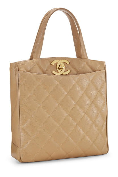 Chanel, Pre-Loved Beige Quilted Caviar Turnlock Handbag, Beige