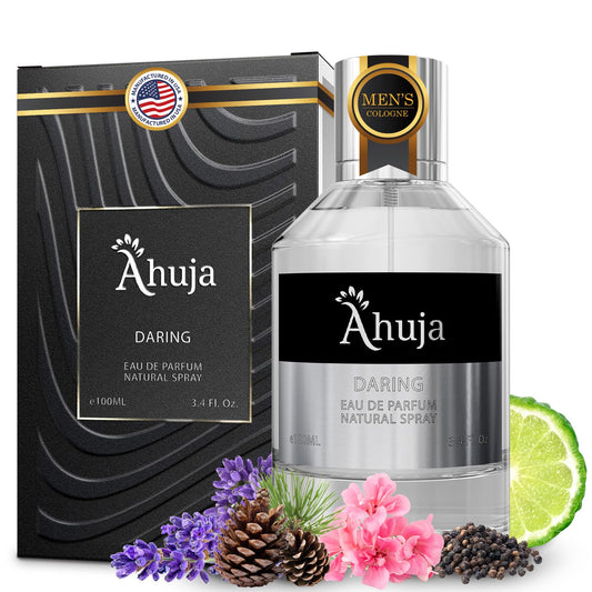 AHUJA Daring Eau de Parfum Cologne for Men 3.4 fl oz - Men Fragrance - Long Lasting Perfume for Men Original Bold Awakening Pepper & Citrus- Geranium & Patchouli -Luxury Scent Gift for Men EDP