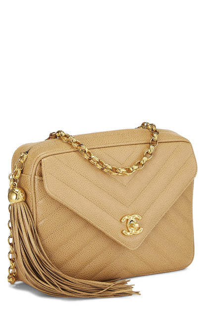 Chanel, Pre-Loved Beige Chevron Caviar Pocket Camera Bag Medium, Beige