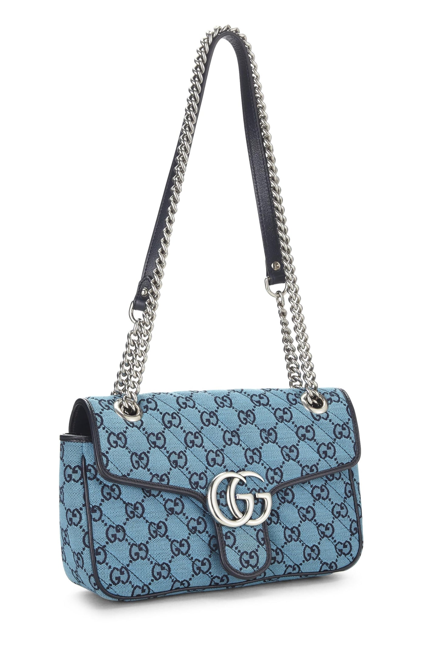 Gucci, sac à bandoulière Marmont en toile GG bleue d'occasion, petit modèle, bleu