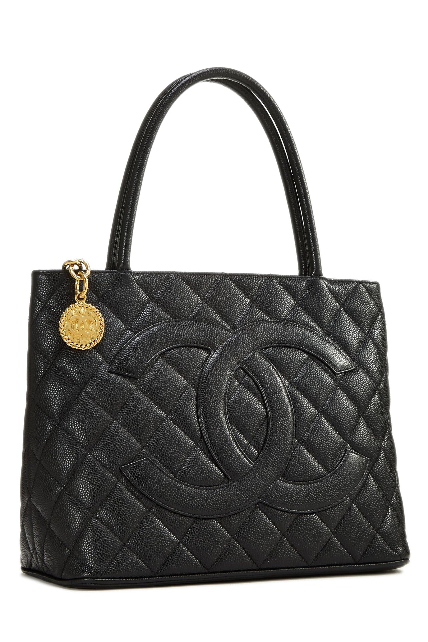 Chanel, sac fourre-tout matelassé noir à médaillon en caviar d'occasion, noir