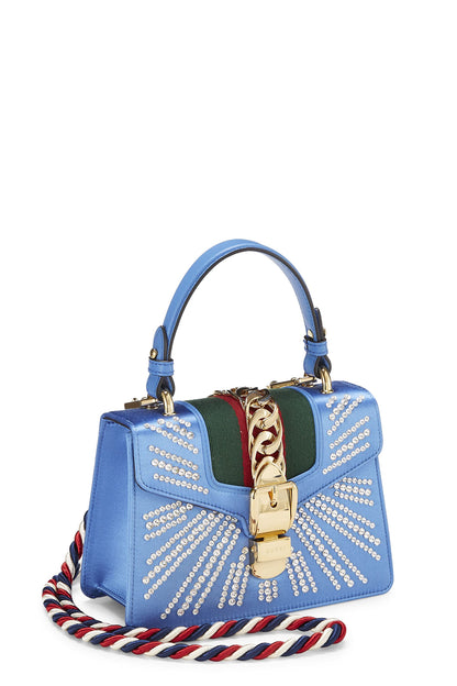 Gucci, sac à main Sylvie Mini en satin bleu d'occasion, bleu