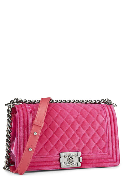 Chanel, Pre-Loved Pink Quilted Velvet Boy Bag Medium, Pink