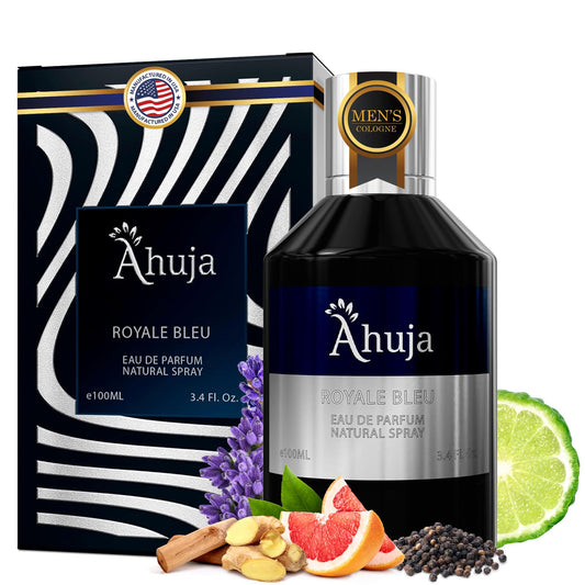 AHUJA Royal Bleu Eau De Parfum para hombres 3.4 fl oz - Colonia para hombres, fragancia para hombres - Perfume duradero para hombres original - Cítricos frescos y maderas profundas, toque cítrico audaz, regalo de aroma de lujo para hombres EDP