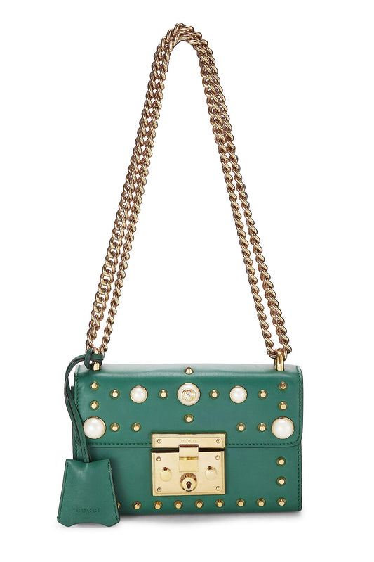 Gucci, Pre-Loved Green Leather Studded Padlock Shoulder Bag Small, Green