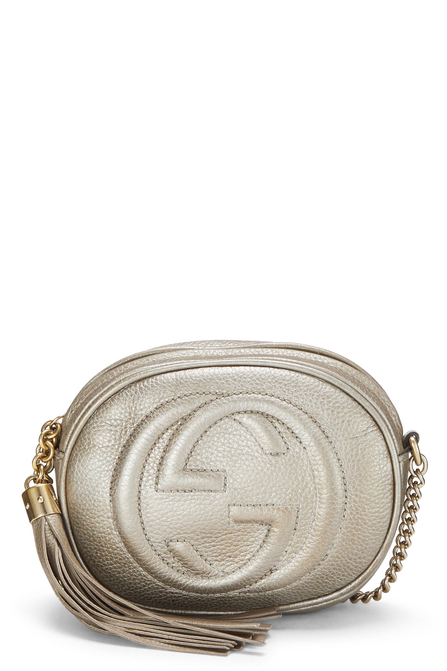 Gucci, Mini sac bandoulière à chaîne ronde Soho en cuir métallisé doré d'occasion, doré