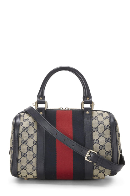 Gucci, Pre-Loved Blue Original GG Canvas Web Boston Bag Small, Blue