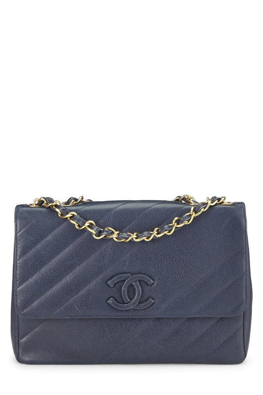 Chanel, Pre-Loved Navy Caviar Diagonal Quilted Shoulder Bag Jumbo, Navy