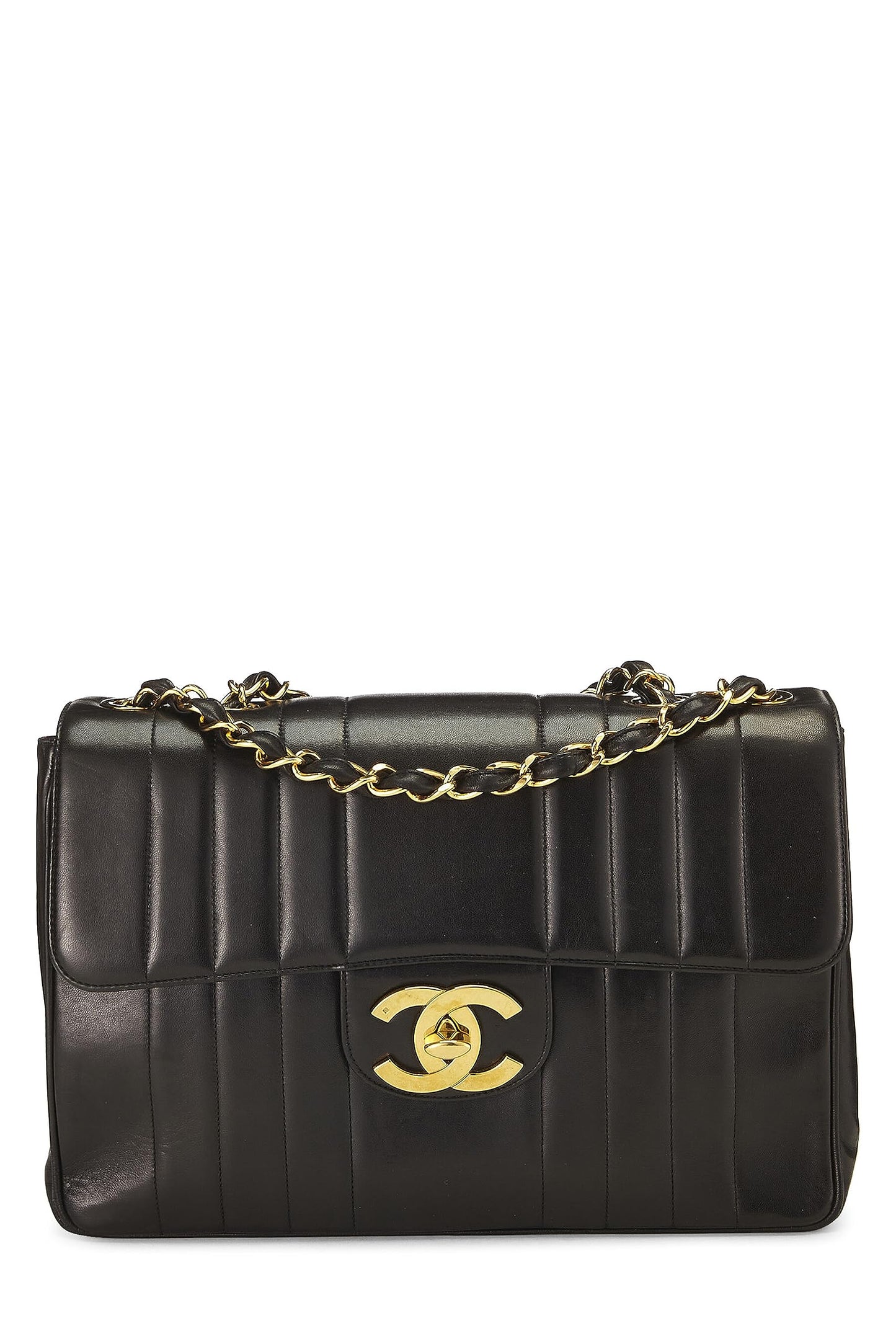 Chanel, Jumbo demi-rabat vertical en cuir d'agneau noir d'occasion, noir