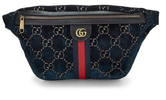 Gucci, Riñonera con tribanda de terciopelo y GG azul marino Pre-Loved, Azul marino