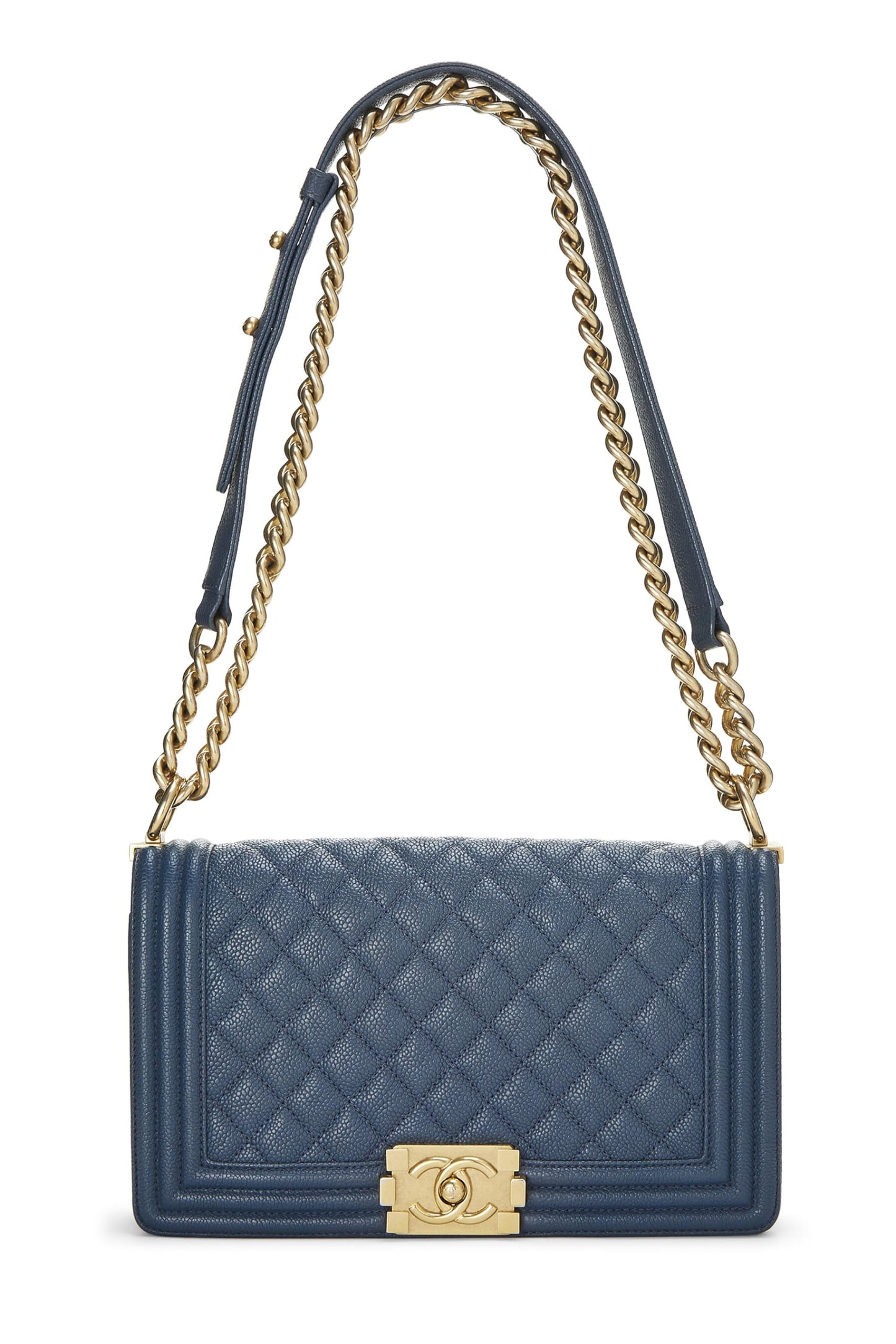 Chanel, sac Boy Caviar matelassé bleu d'occasion de taille moyenne, bleu