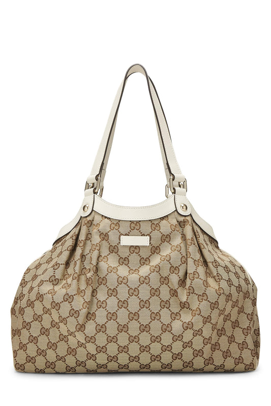 Gucci, Bolso tote Sukey de lona GG original color crema Pre-Loved, Blanco