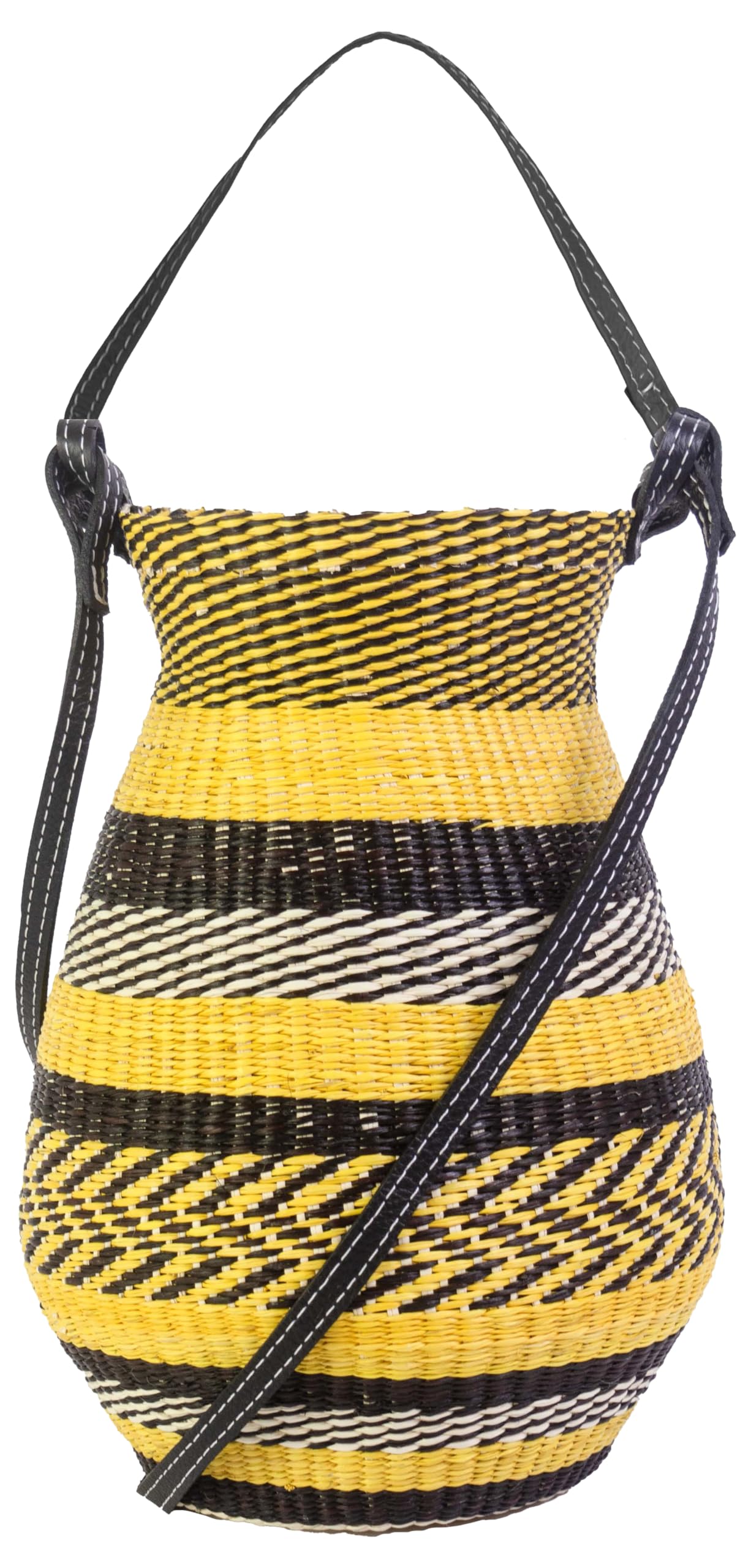 El Cantaro Woven Straw Medium Bucket, One Size, Yellow-Black-Natural Straw / Black Handle & Strap