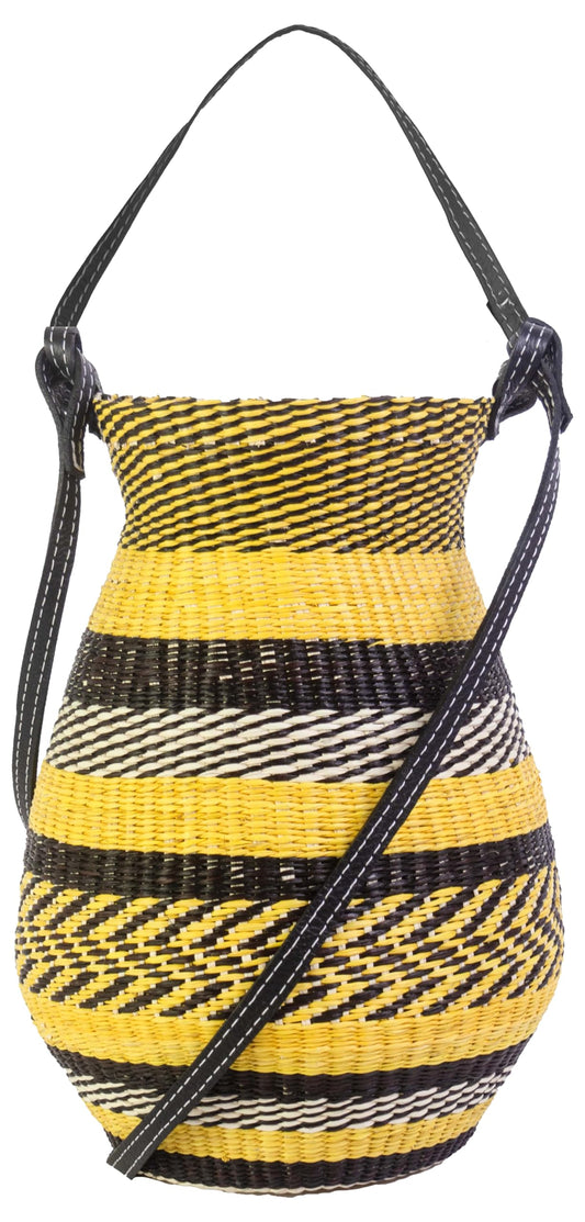 El Cantaro Woven Straw Medium Bucket, One Size, Yellow-Black-Natural Straw / Black Handle & Strap