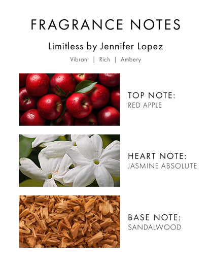 Jennifer Lopez Limitless Perfume, Eau De Parfum Spray 3.4 Fl Oz (100 ml) Vibrant Woody Amber Womens Perfume, Notes of Red Apple, Jasmine & Palo Santo