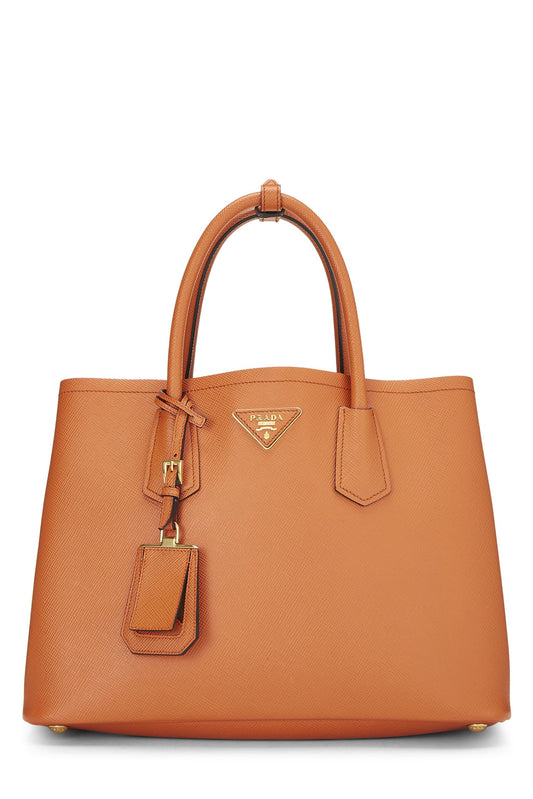 Prada, sac fourre-tout double taille moyenne en cuir saffiano orange d'occasion, orange