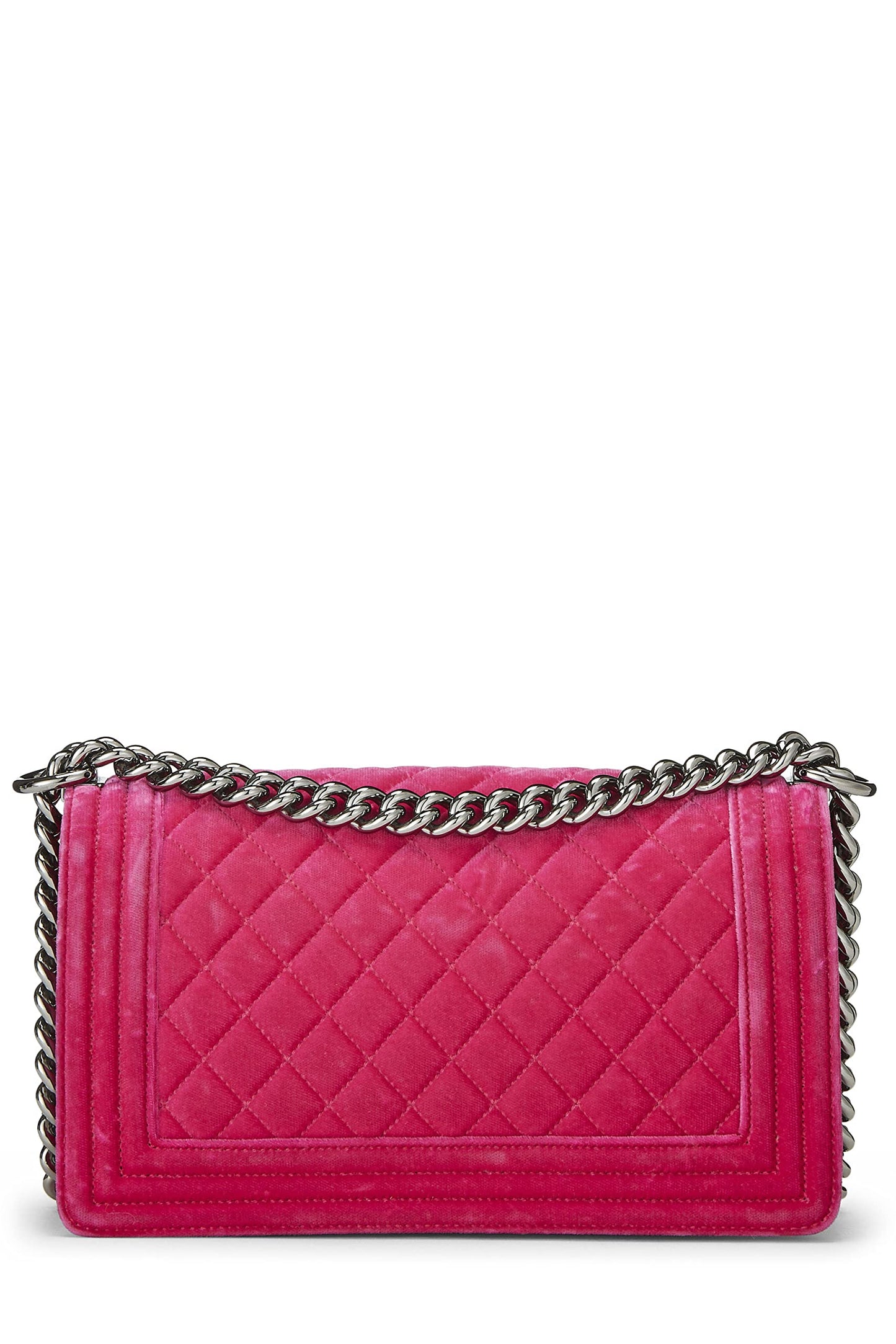 Chanel, sac Boy Medium en velours matelassé rose d'occasion, rose