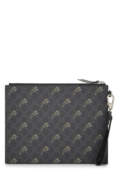 Gucci, Pochette à documents Tiger en toile enduite noire GG Supreme d'occasion, noir