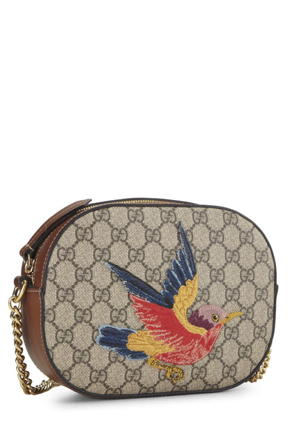 Gucci, Bandolera mini con cadena y pájaro de lona GG Supreme Original Pre-Loved, Marrón