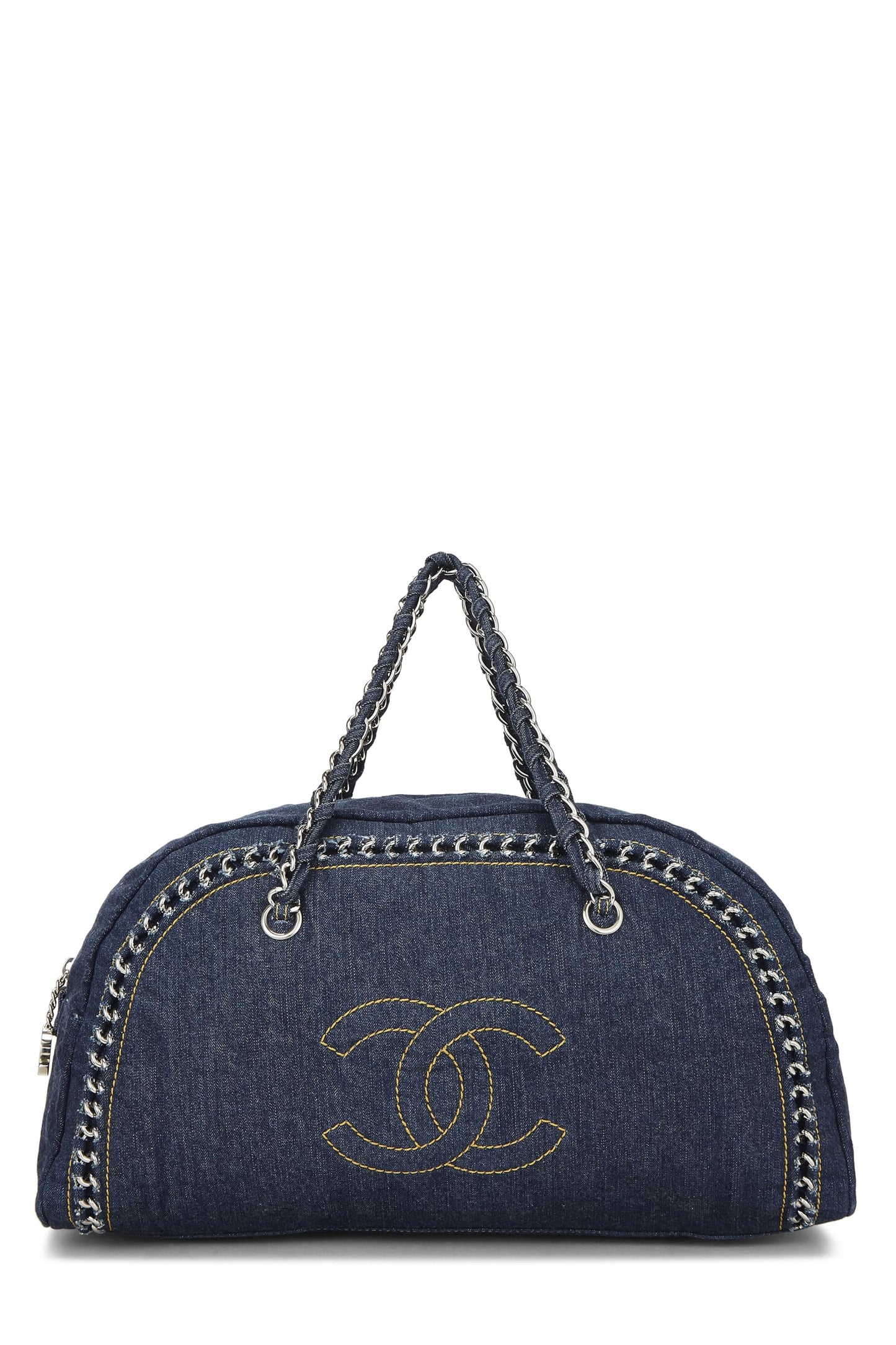 Chanel, sac bowler Luxe Ligne Large en denim bleu d'occasion, bleu