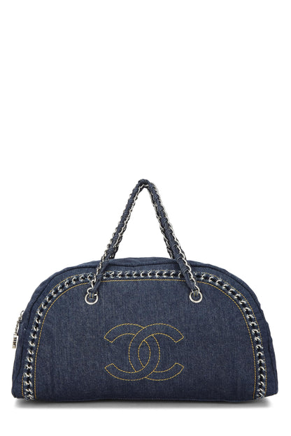 Chanel, sac bowler Luxe Ligne Large en denim bleu d'occasion, bleu