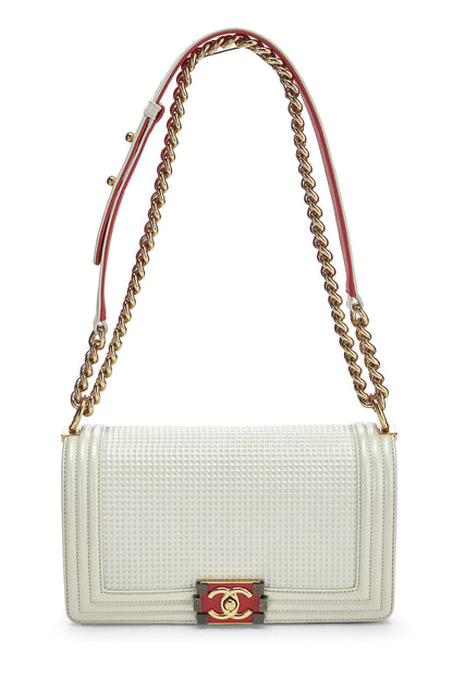 Chanel, Pre-Loved White Cube Embossed Leather Boy Bag Medium, White