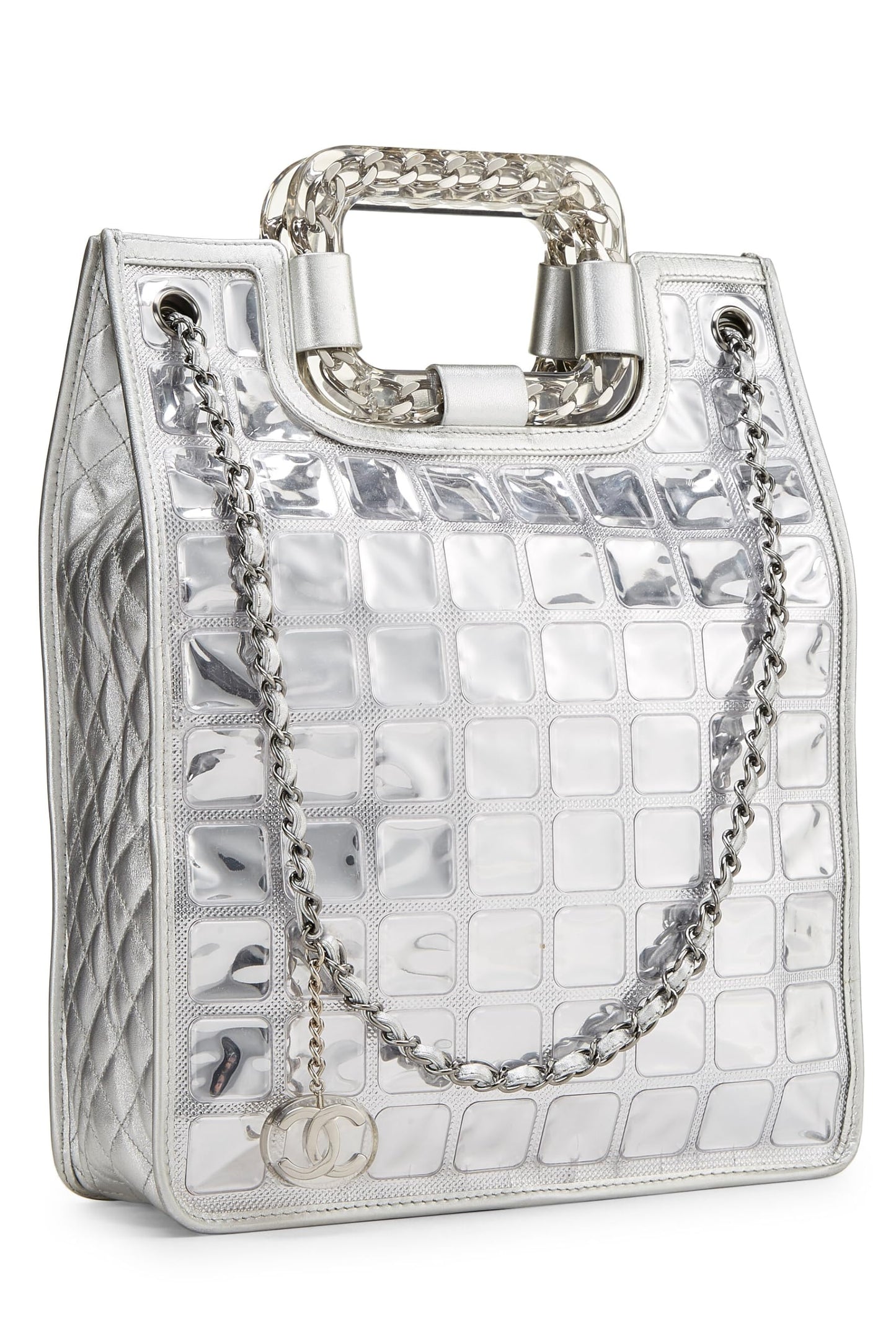 Chanel, Pre-Loved Metallic Silver Quilted Leather Ice Cube Shopping Tote, Silver