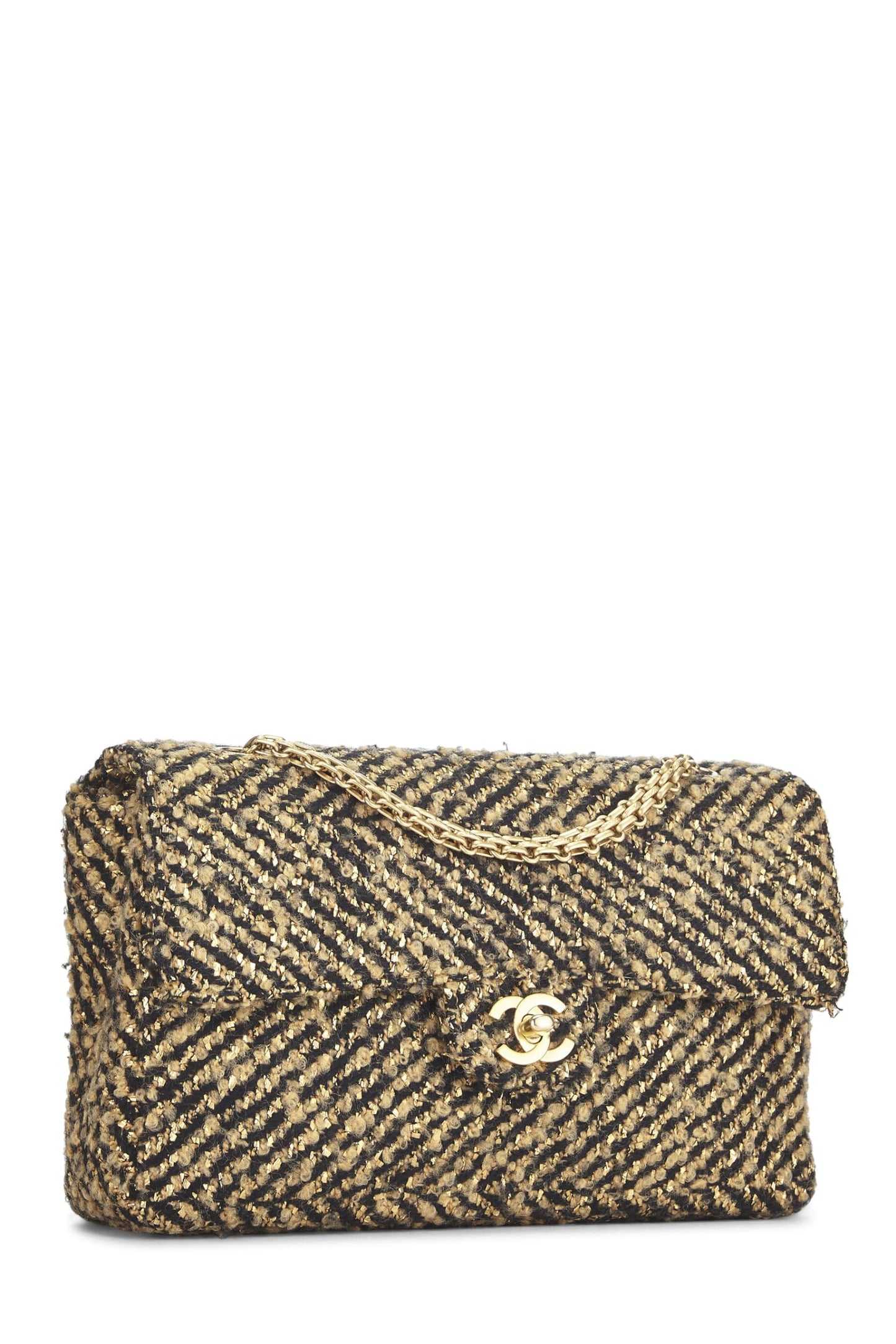 Chanel, sac à rabat moyen en tweed noir et métallisé d'occasion, couleur or