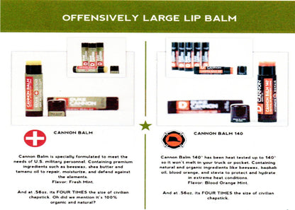 Paquete de bálsamo labial Cannon Lip Balm 140° y protector labial Tactical de Duke Cannon, con FPS 30 y FPS 15, sabores menta fresca y naranja sanguina, paquete de 2