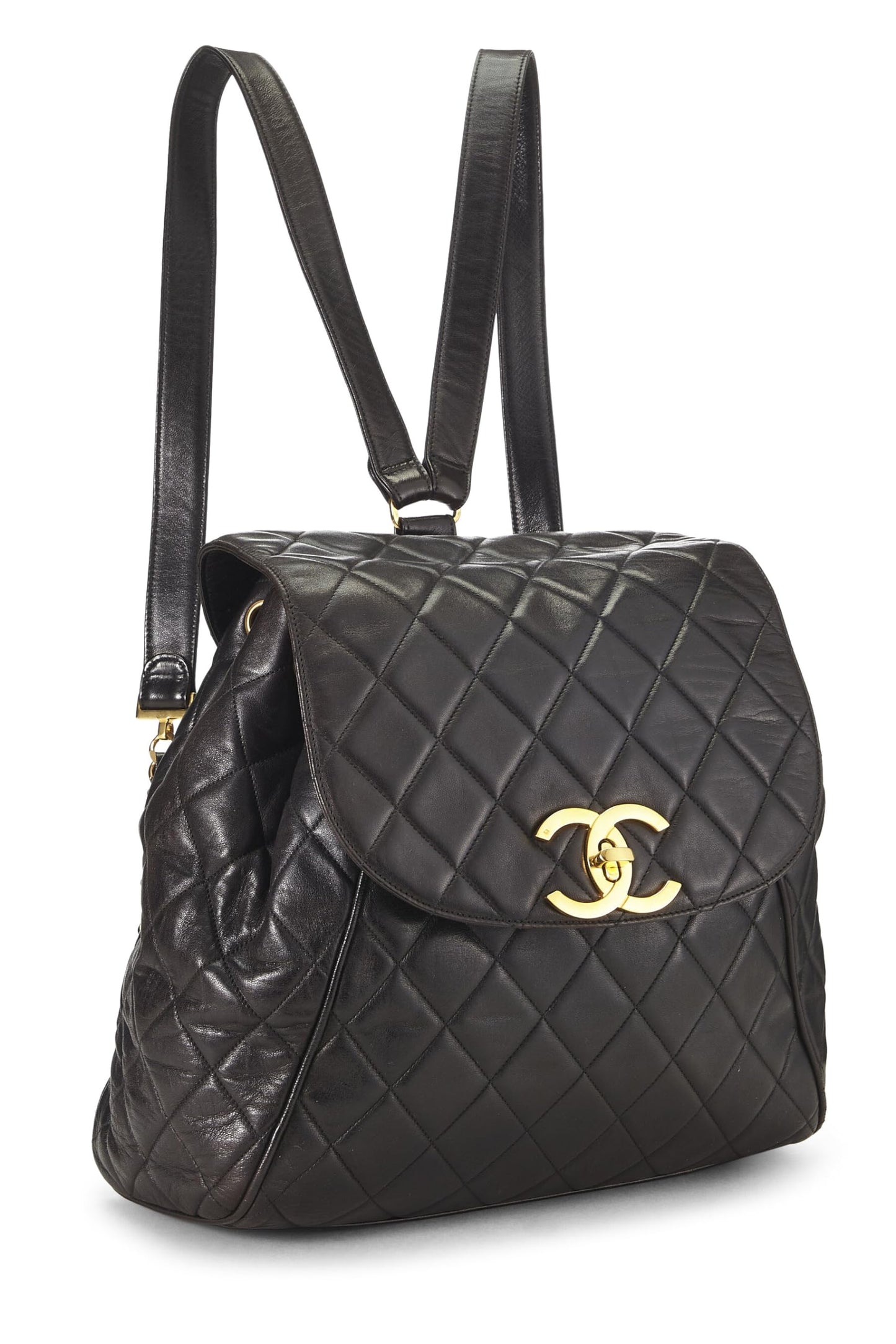 Chanel, sac à dos matelassé en cuir d'agneau noir d'occasion, grand modèle, noir