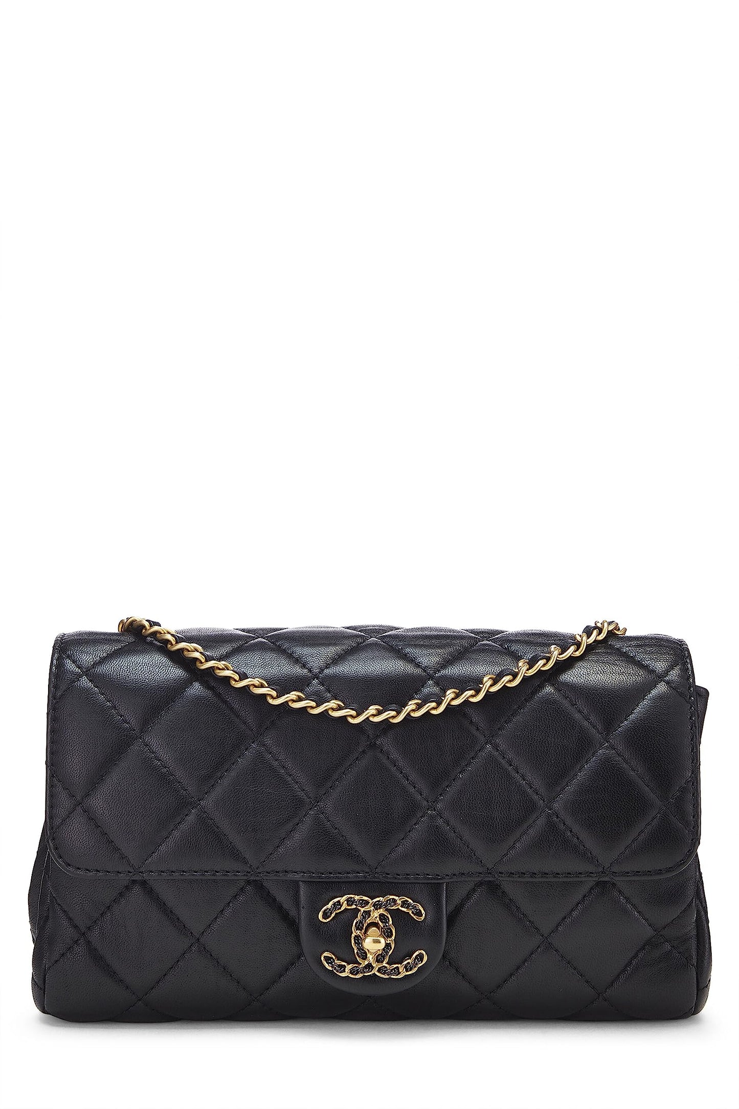 Chanel, Solapa de cadena pequeña de piel de cordero acolchada negra Pre-Loved, Negro