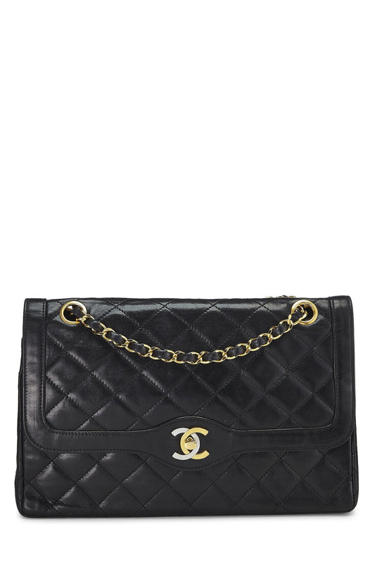 Chanel, sac à rabat double taille moyenne en cuir d'agneau matelassé noir Paris Limited, d'occasion, noir