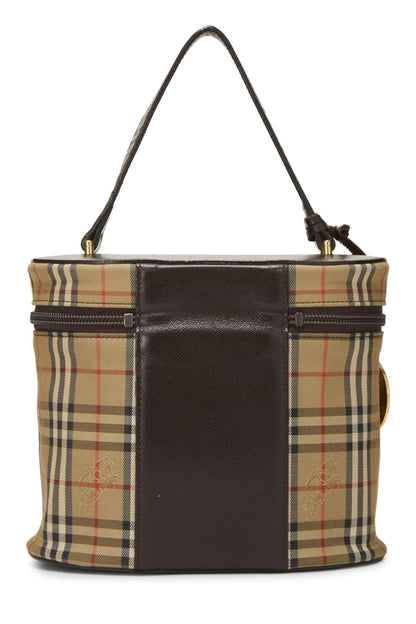 Burberry, trousse de toilette ronde en toile Haymarket marron d'occasion, marron