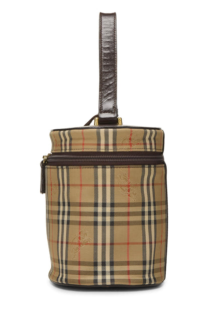 Burberry, trousse de toilette ronde en toile Haymarket marron d'occasion, marron