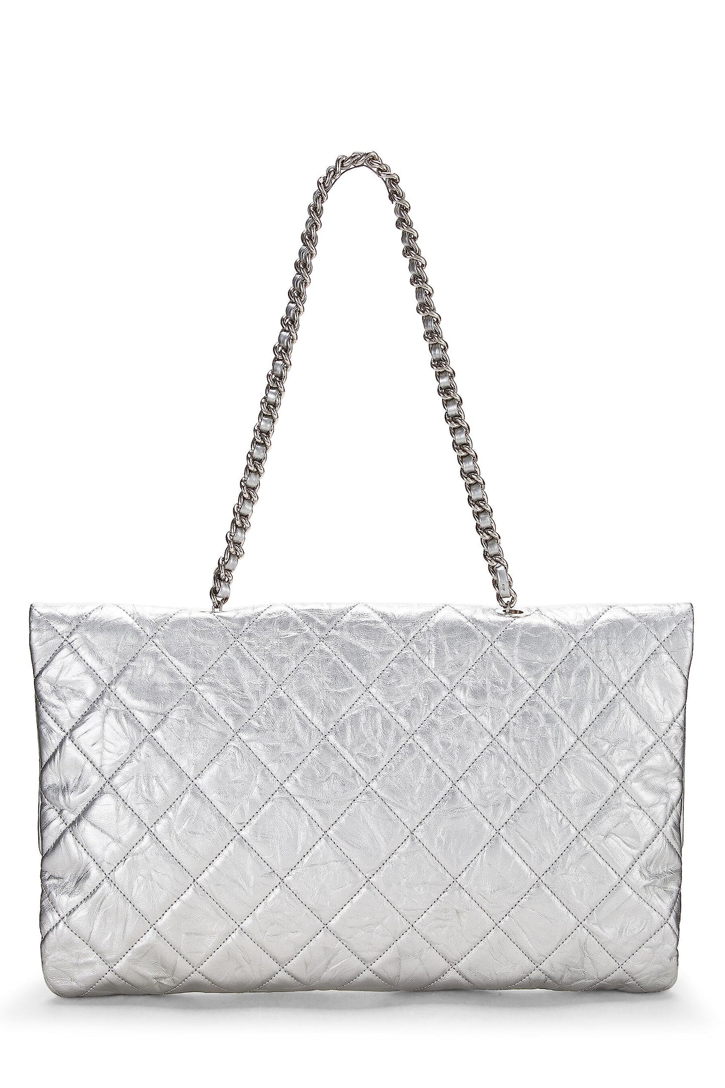 Chanel, sac à rabat Big Bang en cuir de veau matelassé métallisé argenté d'occasion, grand modèle, argent