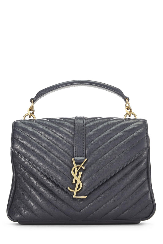 Yves Saint Laurent, Pre-Loved Navy Chevron Leather College Medium, Azul marino