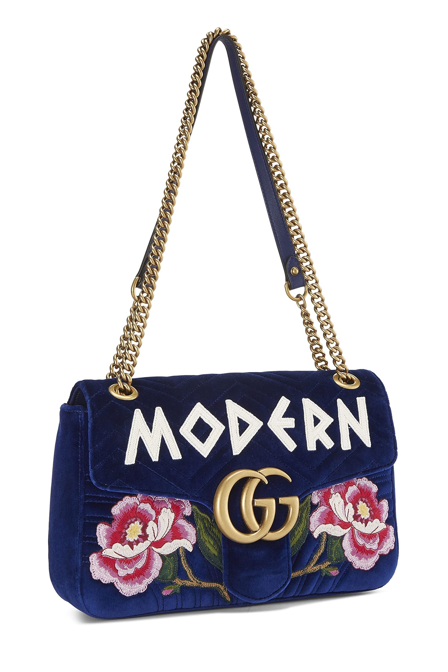 Gucci, sac à bandoulière moderne GG Marmont en velours bleu d'occasion, bleu