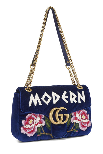 Gucci, sac à bandoulière moderne GG Marmont en velours bleu d'occasion, bleu