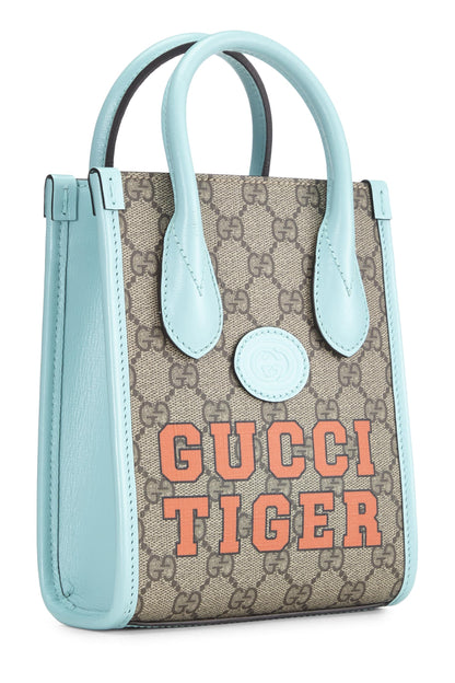 Gucci, Pre-Loved Turquoise Original GG Supreme Canvas Tiger Tote Mini, Navy