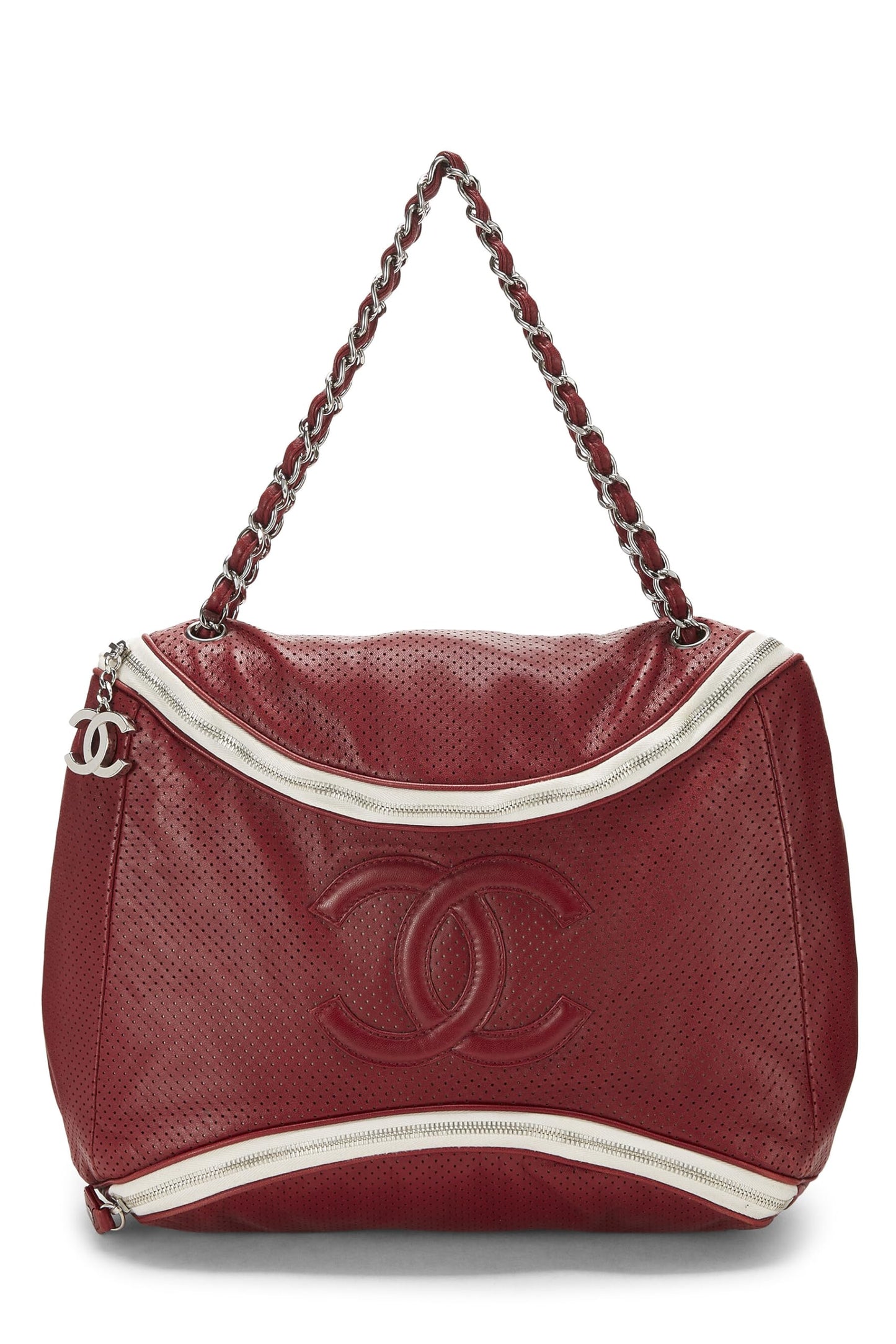 Chanel, sac fourre-tout « CC » en cuir perforé bordeaux d'occasion, rouge