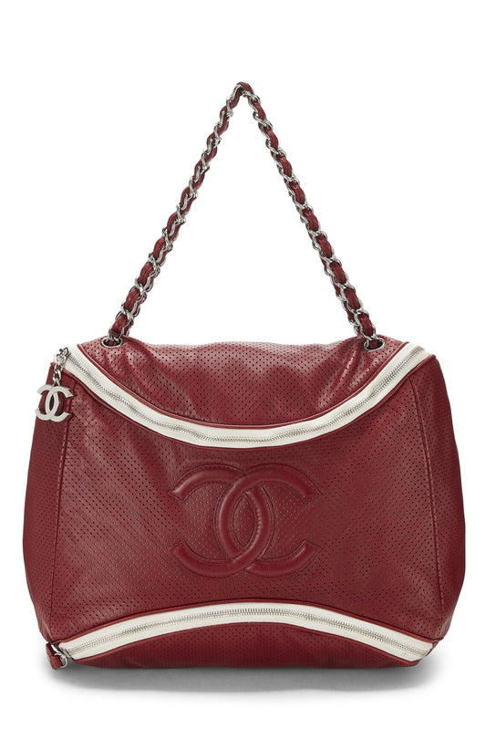 Chanel, Tote 'CC' de cuero perforado color burdeos Pre-Loved, Rojo