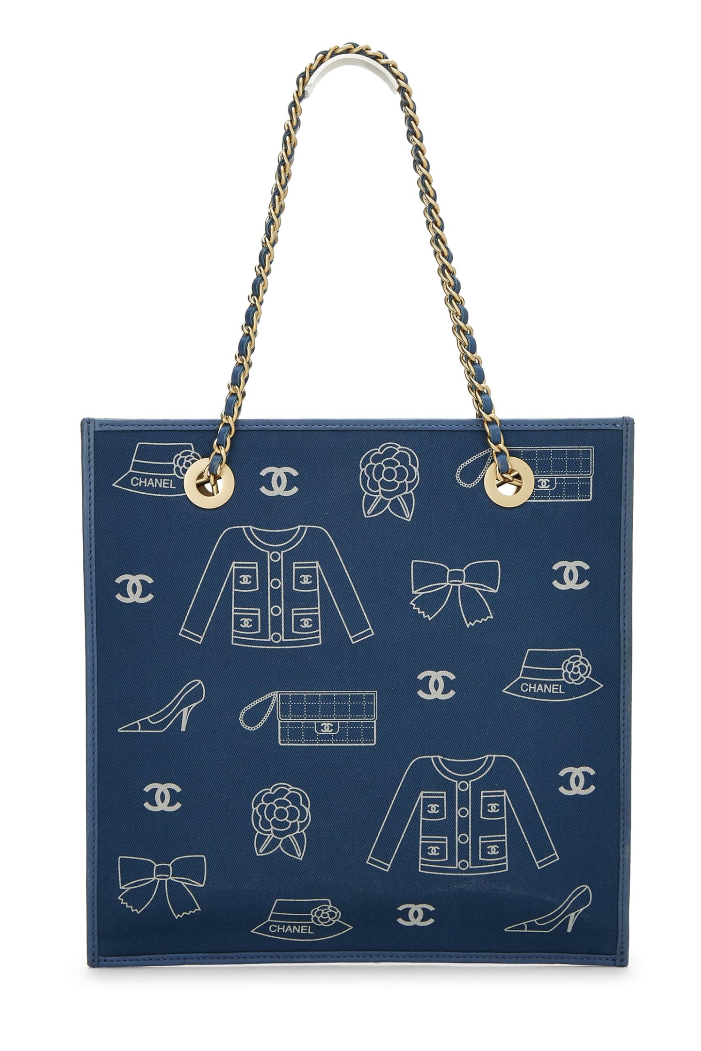 Chanel, Lienzo azul Pre-Loved con estampado de iconos pequeño, azul