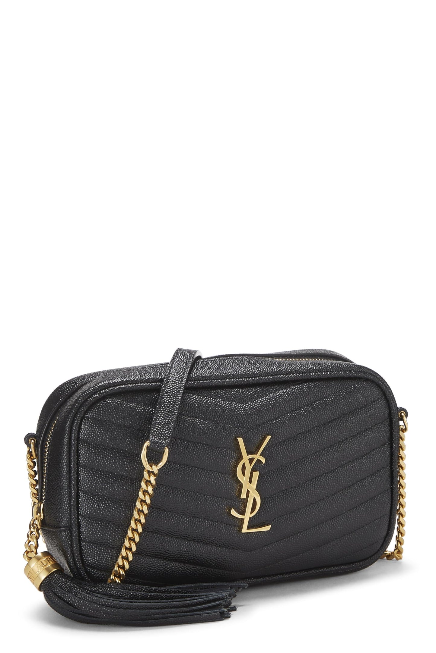 Yves Saint Laurent, sac à main Lou Camera Mini en cuir grainé à chevrons noir d'occasion, noir