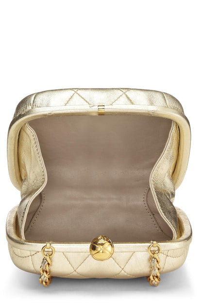 Chanel, Pre-Loved Metallic Gold Quilted Lambskin Kiss Lock Crossbody Bag, Gold