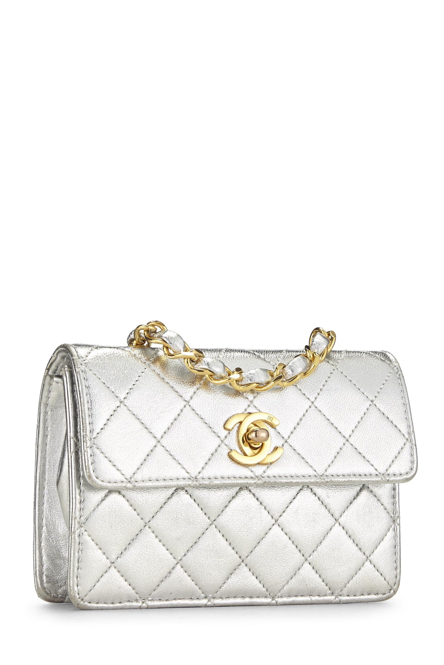 Chanel, sac à main à rabat en cuir d'agneau métallisé argenté d'occasion, micro, argent