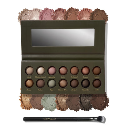 LAURA GELLER Paleta de sombras de ojos horneadas The Delectables, Earthy Essentials + pincel para sombras de ojos All-Over